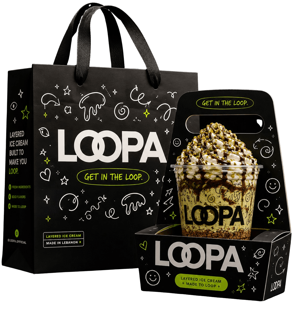 Loopa cup in holder with branded bag